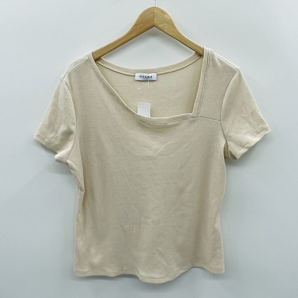 Gilli Womens Size Large Short Sleeve Asymmetrical Neckline Waffle Knit Top 1000